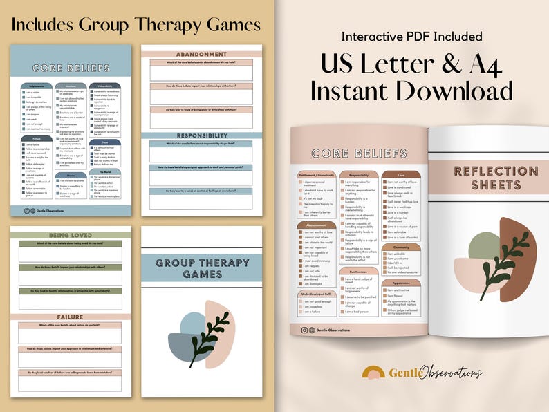 Common Core Beliefs Worksheets for Therapists, Cognitive Behavioral Therapy CBT Tool Maladaptive Beliefs and Automatic Thoughts Cheat Sheets image 5