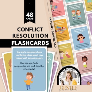 The image is a collection of 48 conflict resolution flashcards, which are designed to help students learn how to resolve conflicts effectively. The flashcards feature various cartoon characters and scenarios, providing a visual aid for students to practice their conflict resolution skills.