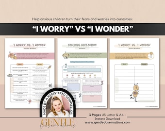 I Wonder vs I Worry: Anxiety Worksheets for Kids, CBT Worksheets for Kids, Managing Fear and Worry, Growth Mindset, Emotional Regulation Aid