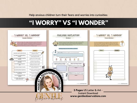 I Wonder vs I Worry: Anxiety Worksheets for Kids, CBT Worksheets for Kids, Managing Fear and Worry, Growth Mindset, Emotional Regulation Aid