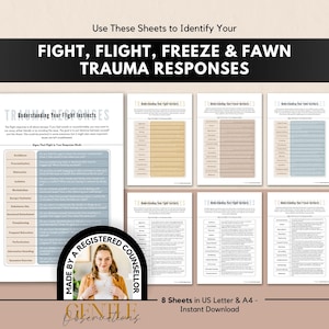 Hojas de trabajo sobre señales de lucha, huida, congelamiento y adulación para comprender sus emociones y comportamientos, terapia de crisis y trauma, hojas de trabajo para el TEPT.