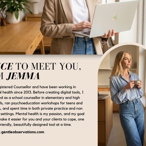 The image is a collage of two photos. In the top photo, a person is standing in a room, holding a laptop, while in the bottom photo, a woman is standing in a kitchen, holding a coffee mug. The text overlay provides information about the person, including that they are a registered mental health professional, and they have been working in mental health since 2013.