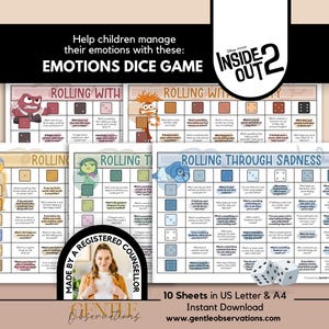 May include: Inside Out 2 Emotions Dice Game printable sheets featuring character-themed charts for managing feelings. Includes grids with numbered dice icons and prompts for children to discuss emotions like sadness, joy, and anger. Text includes 'Rolling With', 'Rolling Through Sadness', and 'Made by a Registered Counsellor'.
