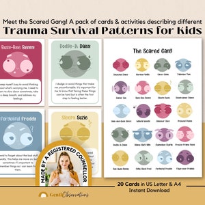 Trauma-Reaktionskarten für Kinder, Identifizieren von Trauma-Überlebensmustern, Emotionsregulierung, Karten zur Bewältigung von Kindern, Gruppentherapie-Aktivitäten