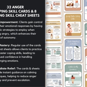 Pu&ograve; includere: Un set di 32 carte per la gestione della rabbia e 8 fogli di trucco. Le carte e i fogli presentano illustrazioni di persone e testo che descrive diverse abilit&agrave; di coping. Il testo sulla pagina recita "32 carte per la gestione della rabbia e 8 fogli di trucco".