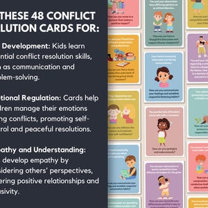 Tarjetas didácticas de resolución de conflictos para el desarrollo de habilidades sociales infantiles, herramienta de justicia restaurativa para consejeros escolares, tarjetas de aprendizaje socioemocional (SEL) para maestros de escuela. imagen 2