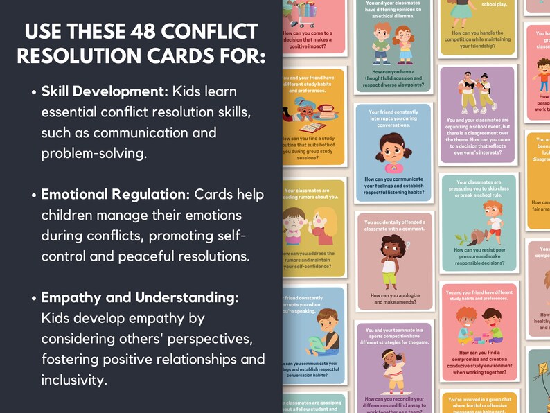 Tarjetas didácticas de resolución de conflictos para el desarrollo de habilidades sociales infantiles, herramienta de justicia restaurativa para consejeros escolares, tarjetas de aprendizaje socioemocional (SEL) para maestros de escuela. imagen 2
