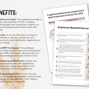 May include: A workbook with a pink and white cover that provides a guide to cognitive behavioral assessment and treatment protocol for OCD. The workbook includes a section on exposure-based interventions with a list of techniques and illustrations.
