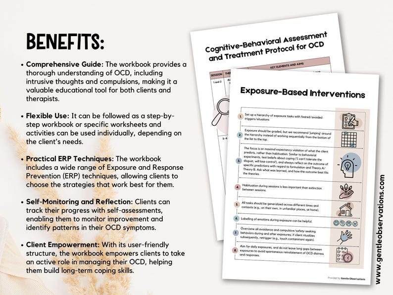 May include: A workbook with a pink and white cover that provides a guide to cognitive behavioral assessment and treatment protocol for OCD. The workbook includes a section on exposure-based interventions with a list of techniques and illustrations.