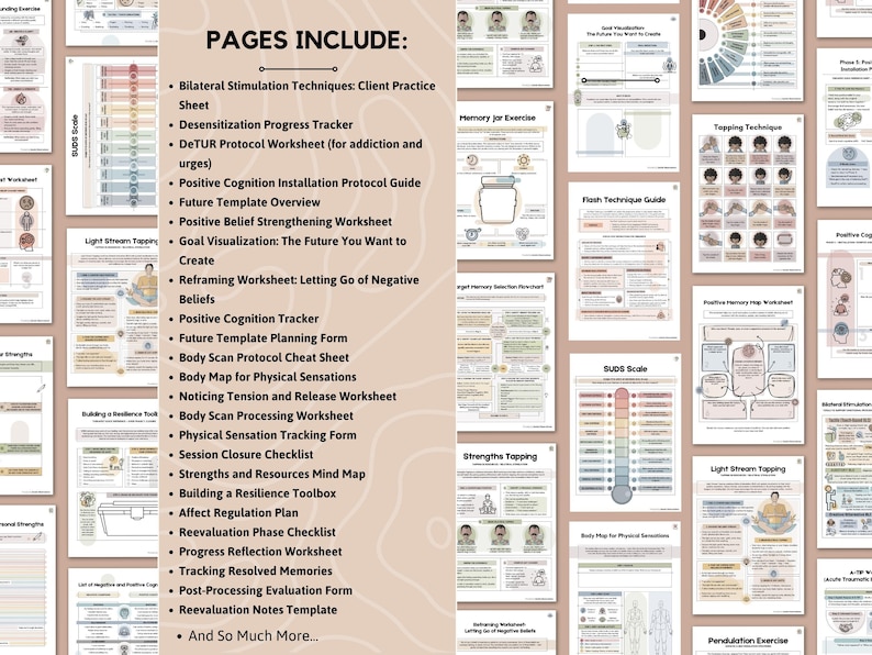 May include: A collection of printable worksheets and guides for therapeutic practices. The pages include titles such as "Bilateral Stimulation Techniques," "DeTUR Protocol Worksheet," and "Goal Visualization." The text "PAGES INCLUDE" is at the top, with a beige background.