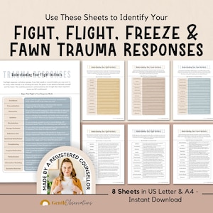 Signs of Fight Flight Freeze and Fawn Response Worksheets for Understanding Your Emotions & Behaviors, Crisis Trauma Therapy PTSD Worksheets