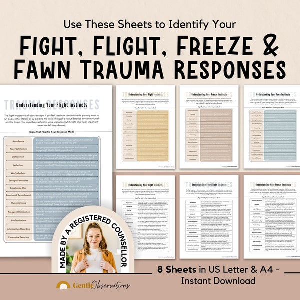 Signs of Fight Flight Freeze and Fawn Response Worksheets for Understanding Your Emotions & Behaviors, Crisis Trauma Therapy PTSD Worksheets