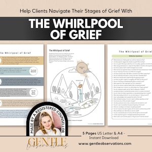 Puede incluir: Un conjunto de tres documentos educativos titulados The Whirlpool of Grief, que incluyen un diagrama de un río, cascada y remolino, junto con preguntas reflexivas. Una insignia circular indica Made by a Registered Counsellor, Gentle Observations.