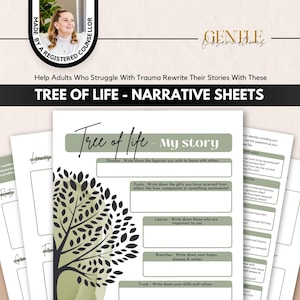 May include: A set of Tree of Life narrative sheets featuring a white background with sage green accents. The sheets include a graphic of a tree and sections labeled Flowers, Fruits, Leaves, Branches, and Trunk for writing personal reflections.