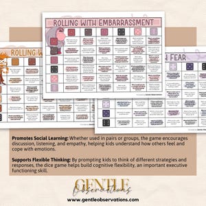 May include: Three educational game sheets with the titles "Rolling With", "Rolling With Embarrassment", and "Fear". Each sheet features dice and questions about emotions. The text "Promotes Social Learning" and "Supports Flexible Thinking" is also visible.