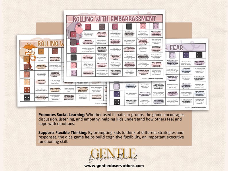 May include: Three educational game sheets with the titles "Rolling With", "Rolling With Embarrassment", and "Fear". Each sheet features dice and questions about emotions. The text "Promotes Social Learning" and "Supports Flexible Thinking" is also visible.