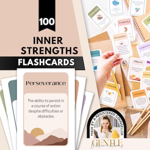 May include: A set of 100 Inner Strengths flashcards featuring pastel-colored cards with descriptive text and abstract landscape illustrations. The cards include terms like Perseverance, Compassion, and Positivity, presented in a clean, modern layout.