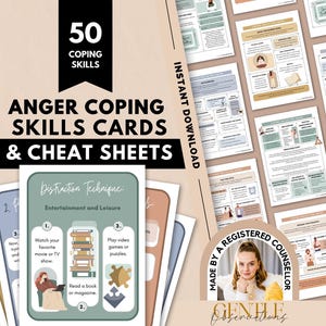 May include: A collection of 50 coping skills cards and cheat sheets for anger management. The documents feature text, illustrations, and diagrams in muted tones. A circular inset shows a person, and the text reads 50 COPING SKILLS.