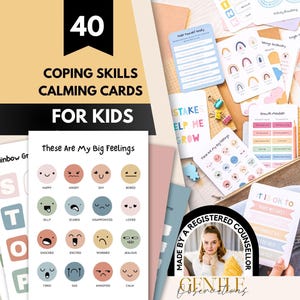 May include: A set of 40 coping skills calming cards for kids featuring various pastel-colored illustrations, including a chart titled These Are My Big Feelings with emoji-style faces, instructional activity cards, and a circular badge stating Made by a Registered Counselor.