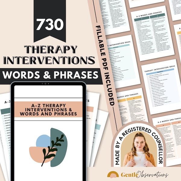 730 Therapy Intervention List, Words and Phrases Therapy Verbiage for Report Writing, Psychotherapy Progress Note Therapy Treatment Plan