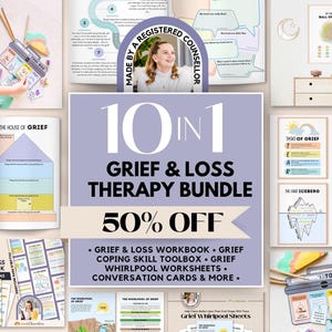 May include: A 10-in-1 grief and loss therapy bundle featuring a workbook, coping skill toolbox, worksheets, and conversation cards. The collection includes various printed pages with titles like The House of Grief, Tasks of Grief, and The Grief Iceberg.