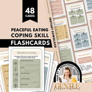 Tarjetas de habilidades de afrontamiento para la recuperación de trastornos alimentarios: habilidades de TCD, alimentación consciente, técnicas de TCC, manejo de impulsos, identificación de desencadenantes y más.