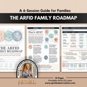 May include: A 15-page printable workbook titled The ARFID Family Roadmap, a 6-session guide for families navigating Avoidant/Restrictive Food Intake Disorder. The document includes educational content, comparison charts, and session trackers.