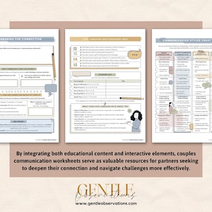 May include: Three printable worksheets on communication and relationships. The worksheets include sections on reframing for connection, love language self-discovery, and communication styles. The text includes "Gentle Observations" and "www.gentleobservations.com".