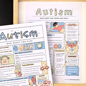 May include: Two illustrated info sheets about autism, one for kids and one for teens. The sheets feature colorful cartoon characters and explain what autism is, challenges people with autism may face, and their strengths. The sheets also include the text "Autism is not a limitation, it's just a different way of being amazing."
