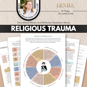 The image is a promotional material for educational sheets and reflection questions about religious trauma. It includes a logo, a title, and a list of topics to be covered in the sheets.
