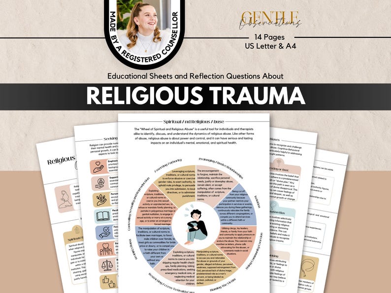 The image is a promotional material for educational sheets and reflection questions about religious trauma. It includes a logo, a title, and a list of topics to be covered in the sheets.