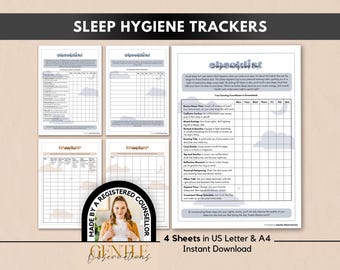 Könnte beinhalten: Ein Set aus vier druckbaren Schlafhygiene-Trackern in den Formaten US Letter und A4. Die Dokumente enthalten Checklisten und Raster für tägliche Gewohnheiten, mit Text wie SLEEP HYGIENE TRACKERS und MADE BY A REGISTERED COUNSELLOR.