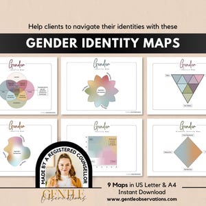 May include: A set of six Gender Identity Maps featuring various diagrams including Venn, flower, triangle, and diamond shapes with pastel gradients. The text reads Help clients to navigate their identities with these GENDER IDENTITY MAPS.