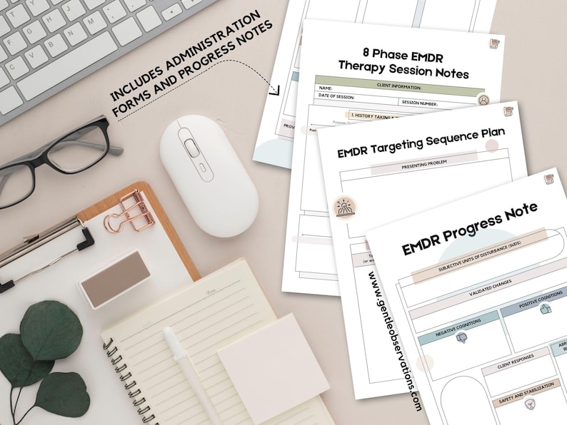 May include: An overhead shot of a workspace with therapy session notes, a computer keyboard, a white mouse, and eyeglasses. The notes include "8 Phase EMDR Therapy Session Notes" and "EMDR Targeting Sequence Plan". The text "INCLUDES ADMINISTRATION FORMS AND PROGRESS NOTES" is also visible.