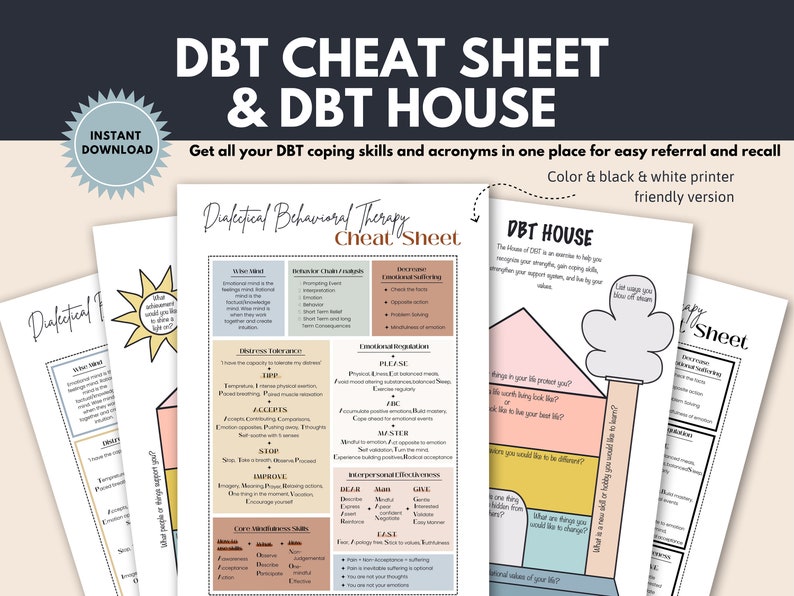 May include: A printable DBT cheat sheet and house diagram. The cheat sheet includes acronyms and coping skills for emotional regulation, interpersonal effectiveness, mindfulness, and distress tolerance. The house diagram is a visual representation of DBT skills and how they can help you build a strong support system.