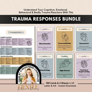 May include: A Trauma Responses bundle featuring a large informational sheet and six smaller cards. The text includes headings like Cognitive, Emotional, Behavioral, and Bodily, with line art illustrations of brains, hearts, and eyes. A circular badge states Made by a Registered Counsellor.