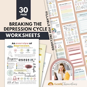 Depression Workbook, The Depression Spiral Worksheets, Self-Esteem Building, Therapy Sheets, Anxiety Relief, CBT, DBT Coping Skills, Growth