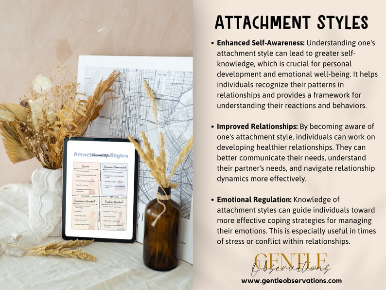 May include: A digital illustration of four attachment styles: Secure, Anxious Preoccupied, Dismissive Avoidant, and Fearful Avoidant. The illustration is on a tablet computer with a white background. The tablet is on a table with a vase of dried flowers and a glass bottle.