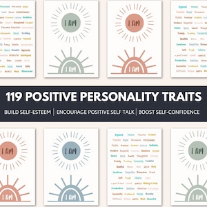 May include: A set of printable posters with a sun and rainbow design. The posters feature the words "I AM" and a list of 119 positive personality traits. The text "BUILD SELF-ESTEEM | ENCOURAGE POSITIVE SELF TALK | BOOST SELF-CONFIDENCE" is at the bottom of the posters.