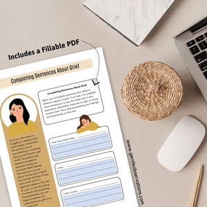 May include: A printable worksheet with a cartoon illustration of a person with a sad expression. The worksheet is titled "Completing Sentences About Grief" and includes several sentences about grief that can be completed by the user. The worksheet is designed to help people process their feelings and experiences with grief.