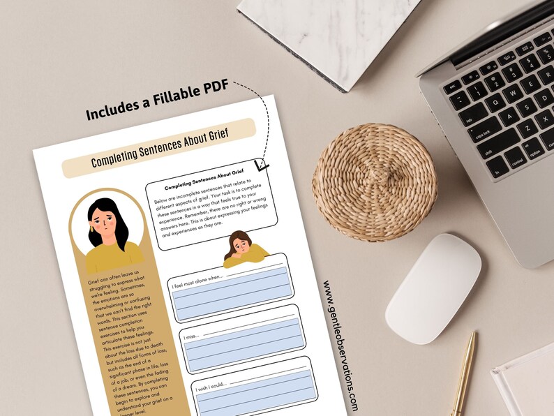 May include: A printable worksheet with a cartoon illustration of a person with a sad expression. The worksheet is titled "Completing Sentences About Grief" and includes several sentences about grief that can be completed by the user. The worksheet is designed to help people process their feelings and experiences with grief.