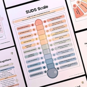 May include: A collection of printed worksheets for mental health and emotional well-being. The SUDS scale, a subjective distress scale, is prominently displayed, along with a distress tolerance coping list and cognitive exercises.