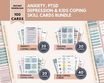 Anxiety, Depression, PTSD/Trauma and Kids Coping Skills Cards Bundle, DBT Skills, CBT Techniques, Breathing Scripts, Cognitive Distortions