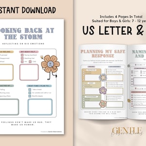 May include: A printable worksheet set for children to help them process big emotions. The worksheets feature a flower character and include prompts like "I was feeling...", "My body felt...", "I reacted by...", and "Next time I plan to..." The worksheets also include sections for planning a safe response and naming, taming, and claiming tricky feelings.