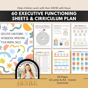 Può includere: Un set di cartelle di lavoro digitali intitolato 60 Executive Functioning Sheets & Curriculum Plan, con una copertina astratta colorata, un labirinto, abilità di coping, giochi di autocontrollo, autoriflessione e interventi di gestione del tempo.