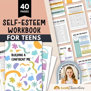 May include: A self-esteem workbook for teens with a colorful cover featuring abstract shapes and the text "Building a Confident Me". The workbook is made by a registered counselor and includes 40 pages of activities and exercises.