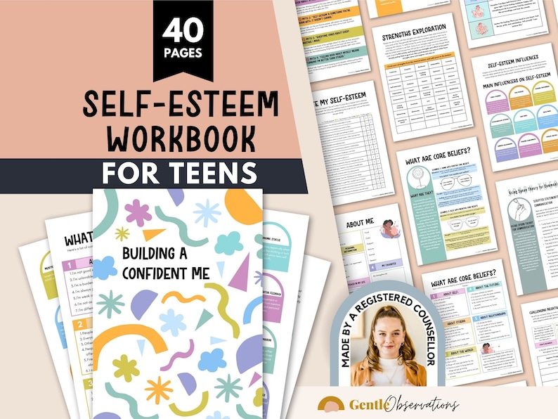 May include: A self-esteem workbook for teens with a colorful cover featuring abstract shapes and the text "Building a Confident Me". The workbook is made by a registered counselor and includes 40 pages of activities and exercises.