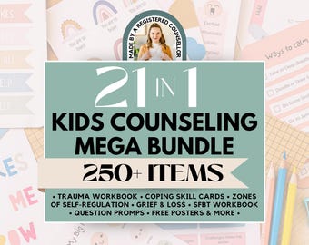 May include: A 21 in 1 kids counselling mega bundle with 250+ items including a trauma workbook, coping skill cards, zones of self-regulation, grief and loss materials, an SFBT workbook, question prompts, and free posters.