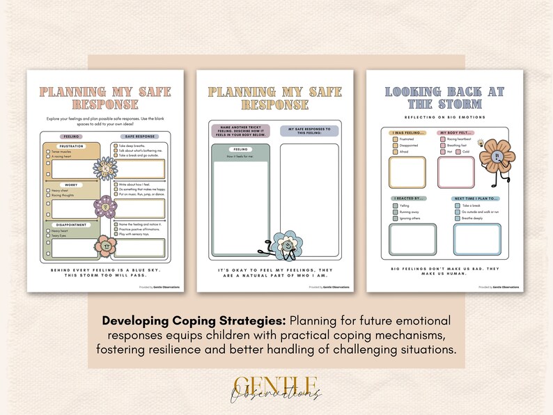 May include: Three printable worksheets for children to help them cope with big emotions. The worksheets are titled "Planning My Safe Response", "Planning My Safe Response", and "Looking Back at the Storm". Each worksheet features a cartoon flower with a friendly face.