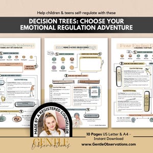 May include: Three printable worksheets titled Decision Trees: Choose Your Emotional Regulation Adventure, featuring flowcharts for jealousy, sadness, and fear. Includes a circular badge stating Made by a Registered Counsellor with a photo of a person.